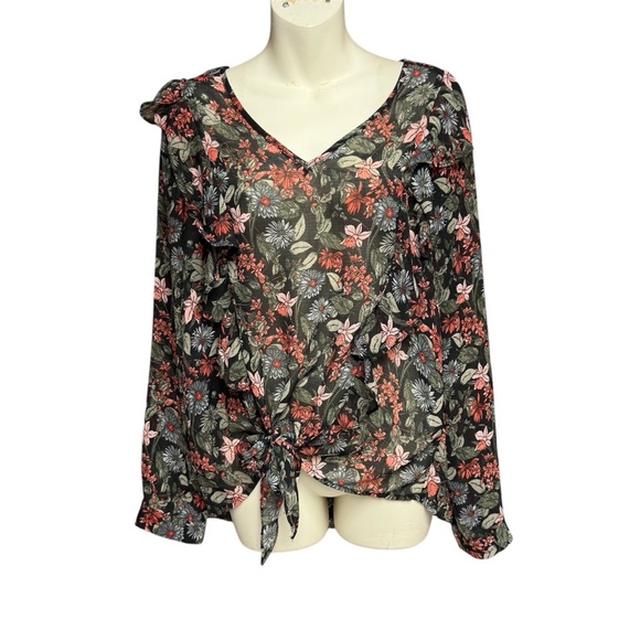 Jodifl size small Floral V-Neck Tie-Front Blouse long sleeve ruffles - Picture 1 of 10